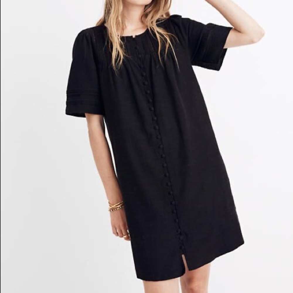 MADEWELL PLEATED BUTTON FRONT SHIFT DRESS BLACK XS